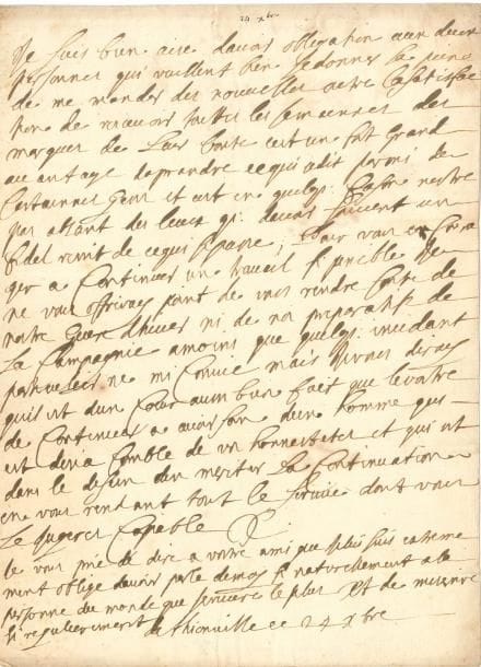 François de Bonne, marquis de CRÉQUY (1624-1687) maréchal de France 2 LAS (monogramme : 2 C croisés), [1670] et sd ; 1 et 2 pages in-4
   Sur le mariage de Lauzun et de la Grande Mademoiselle « La nouvelle qui cest repandue du mariage de M de Lausun fait le sujet du voyage du gentilhomme que janvoie a la cour J’aime infiniment, ce M de Lausun il a toujours bien servi avec moy et sa fortune mest chere mais a dire la verite quelles en seront les suites de cette immansite lhonneur de quoy sera-t-elle soustenue si le roy ne fait plus que ce qui paroist par un simple agrement »… Thionville 24 décembre Il est bien aise d’avoir obligation aux deux personnes qui se donnent la peine de lui donner des nouvelles, et des marques de bonté, toutes les semaines : « pour vous encourager à continuer un travail si penible je ne vous offriray point de vous rendre conte de nostre guere dhiver ni de nos preparatifs de la compagnie »…
