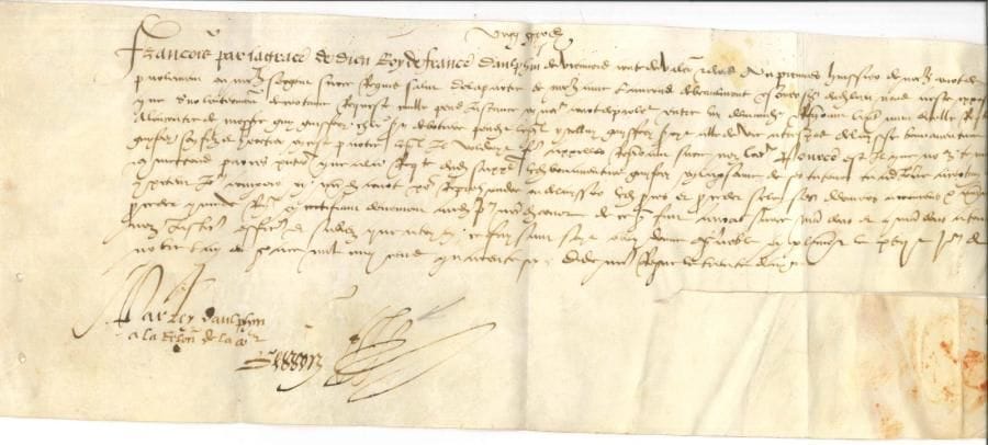 FRANÇOIS Ier (1494-1547) Roi de France Pièce manuscrite en son nom, 17 novembre 1546 ; vélin oblong in-fol
   Lettre, comme Roi de France et Dauphin de Viennois, au premier huissier du Parlement concernant une requête pendante en cour de Parlement ; signée « Besson »
