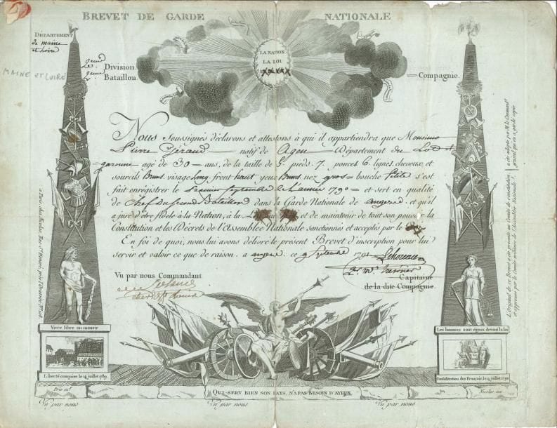 Gardes nationales 17 brevets ou pièces, 1790-1795 ; sur papier ou vélin, avec de beaux décors ornementaux gravés
   Brevets, certificats de service, extrait des procès-verbaux d’élection d’officiers et sous-officiers, congé et passeport, congé de réforme etc, pour des hommes de la Compagnie des Dragons de Pons « actuellement gardes nationaux » (signé par le colonel Gout), la Garde Nationale Parisienne, la Garde nationale française, la Garde Nationale des Districts de Paris (Saint-Roch, Saint-Louis en l’île) ou de Versailles, de Caussade ou Marseille (le mot « Roi » a été découpé), du Maine et Loire, la Garde Citoyenne de Lunéville, ainsi que des pièces des bataillons de Volontaires Nationaux (du Doubs), Grenadiers près la Représentation nationale, Bataillon de la Somme… Nombreuses signatures d’officiers, dont le général de Courpon, du futur général Gambin, etc Très bel ensemble
