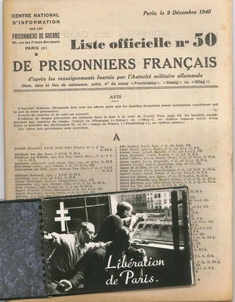 GUERRE 1939-1945 Lot de brochures, tracts, plaquettes, livres et documents (qqs défauts)
Jean Montigny, Toute La Vérité sur un mois dramatique de notre histoire (15 juin, 15 juillet 1940) (Clermont- Ferrand) Philippe Henriot, Comment mourut la Paix, Le Procès des responsables (Éditions de France, 1941) Discours prononcé par Adolf HITLER, devant le Reichstag, 26 avril 1942 (français) M Voisin et A Dubreuil, Nous avons retrouvé la France Récits et chansons de la vie des Camps de prisonniers par ceux qui l’ont vécue (1942) Textes de la Liberté, Déclarations officielles faites au cours de l’histoire des États-Unis… (1943) V Molotov, Note sur la déportation massive des citoyens soviétiques en Allemagne fasciste… (Moscou, 1943) Albert Bayet, Pétain et la Cinquième Colonne (éditions Franc-Tireur, 25 octobre 1944) Jean-Jacques et Roland, La Résistance française (Alger, 1944) La France continue la lutte, textes et documents, 1940-1943
Liste officielle de Prisonniers français (Centre national d’information sur les prisonniers de guerre, 19404 nos) 3 nos des Cahiers de Témoignage chrétien (1943-1944, un n° en reprod) 3 nos de Défense de la France (1943-1944) 2 plaquettes de cartes postales sur la Libération de Paris (août 1944) : 11 photographies de Serge ; et 20 photographies 
Paris libéré, préface de F Mauriac (1944) P Lamblin, Coupeurs de barbelés, récits d’évasions (ill de Guillemin, éd La France au combat, 1946) Ferd Dupuy, Quand les Allemands entrèrent à Paris (1947) Yves Farge, La Guerre d’Hitler continue (1948) 
