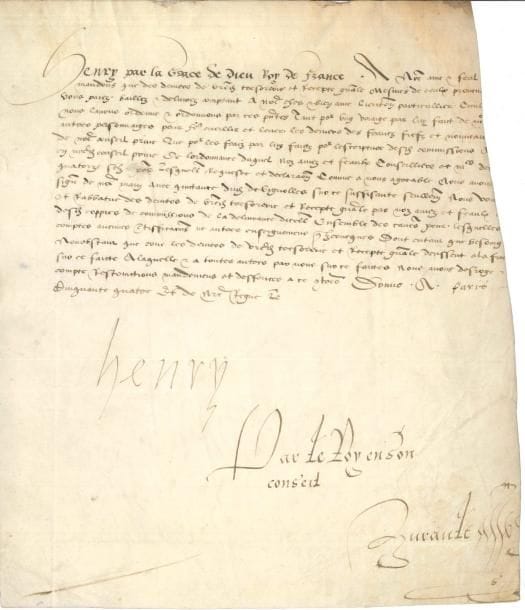 HENRI II (1519-1559) Roi de France PS « Henry », contresignée par Hurault, Paris 1554 ; vélin in-4 (bord droit coupé, texte incomplet)
   Ordre de paiement des frais de voyage de son lieutenant particulier Jean de Vignolles « pour fere cueillir et lever les deniers des francs fiefs »…
