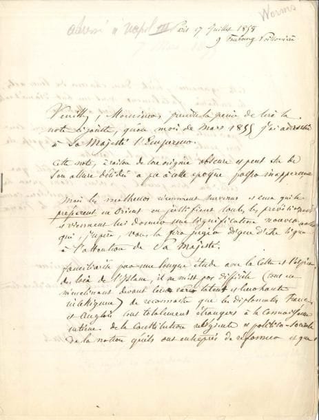 ISLAM Mayer Goudchaux WORMS (1807-1881) médecin attaché au service de santé de l’armée en Algérie, puis médecin en chef de l’école militaire de Saint-Cyr, auteur d’un mémoire sur la propriété territoriale dans les États musulmans LAS, Paris 17 juillet 1858 ; 7 pages in-4 (bords un peu effrangés)
   Étonnante mise en garde à Napoléon III au sujet de l’Islam et des pays musulmans
   Il envoie à son correspondant la copie (jointe) d’une lettre qu’il adressa le 7 mars 1855 à Napoléon III, pour signaler l’ignorance des diplomates français et anglais de « la lettre et l’esprit des lois de l’Islam » ; aujourd’hui, « la question d’Orient est arrivée sur une pente dangereuse »… Sa lettre de 1855 s’inquiète d’une récente déclaration de Lord Clarendon sur « l’émancipation des sujets non-musulmans » turcs : « l’exécution en sera impossible et le résultat désastreuse »… La Turquie a une tradition de tolérance confessionnelle, la seule différence entre musulmans et non-musulmans étant fiscale : « Or demander à des musulmans la suppression de la capitation équivaut à peu près à leur demander leur propre conversion au christianisme »… Etc
