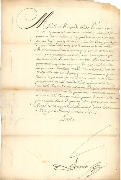 LOUIS XIV (1638-1715) LS (secrétaire), Bourges 8 octobre 1652, au marquis de Sourdis, gouverneur d’Orléans ; contresignée par son secrétaire d’État aux Affaires étrangères, Henri-Auguste de Loménie ; 1 page in-fol, adresse
   « Les affaires qui me sont survenües a lentrée de ma majorité ne m’ont pas peu permettre de me rendre en ma ville de Tours au huictiesme du mois dernier pour y faire l’ouverture des estatz generaux de mon Royaume […] Mais continuant dans le dessein que jay tousjours eu de les tenir pour procurer a mes subjectz tout le soulagement qui me sera possible », il charge de donner ordre aux députés de se rendre promptement à Tours…
