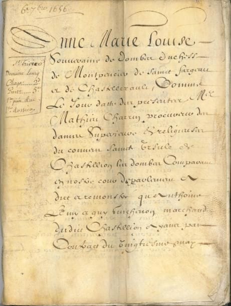 [Anne-Marie-Louise d’Orléans, duchesse de MONTPENSIER (1627-1693) la Grande Mademoiselle ; héroïne de la Fronde, où elle commanda les canons de la Bastille contre les troupes royales ; elle épousa secrètement Lauzun ; elle a laissé des mémoires] Manuscrit, Lyon 6 septembre 1656 ; cahier de 111 pages petit in-fol sur parchemin (plus qqs ff blancs), sceau aux armes sous papier
   Procédure et jugement du Parlement de Lyon au nom de la duchesse comme « Souveraine des Dombes », pour les « dames Supérieure & religieuses du couvent Sainte Ursule de Chastellion les Dombes », dans une affaire concernant le paiement des arrérages d’une pension qui leur est due par Anthoine Lemy et Guy Guicheron, marchands de Chastellion
   On joint un acte de vente notarié sur vélin avec timbre fiscal (Lyon 1693) ; et des fragments d’un livre de raison espagnol (XVII-XVIIIe siècle, vélin, couv basane estampée noire, mauvais état)
