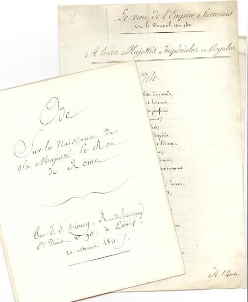 [NAPOLÉON II (1811-1832) François, duc de REICHSTADT, l’Aiglon, fils de Napoléon Ier] 3 manuscrits célébrant sa naissance, le 20 mars 1811, dont un avec LAS d’envoi, 1811 ; cahier in-4 de 7 pages, 3 pages et quart in-fol, 7 pages in-4 et 2 pages in-4
   Ode sur la naissance de Sa Majesté le Roi de Rome, par JS Quiney, Paris 20 mars 1811 Le Vœu de l’Empire français, ou le Nouvel An 1811, ode dédiée à Leurs Majestés Impériales et Royales, Paris 1er janvier 1811, suivi de La Prédiction accomplie, 22 mars 1811, par Frédéric Stutz Magnus ab integro saeclorum nascitur ordo, harangue placée sous l’égide des Bucoliques et émaillée de citations des Psaumes, avec l d’envoi de l’auteur, Paulliac, maître de pension à Saint-Astier (Dordogne), 24 avril 1811, au comte de Montesquiou
