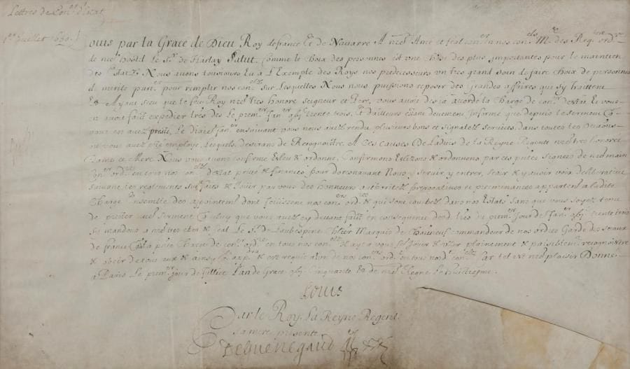 Parchemins 3 PS sur vélin, 1638-1678 ; vélins obl in-fol ou in-4 (encadrées)
   Mandement de Louis XIII à la Cour du Parlement de Toulouse, relative à une requête de Jacques Cellier, signée par son conseiller secrétaire Jean Du Meynial, Thiers 17 décembre 1638 Lettres de conseiller d’État pour Achille de Harlay, signées « Louis » (secr), la reine régente sa mère présente, contresignées par le secrétaire d’État Guénégaud, Paris 1er juillet 1650 Extrait du registre de la Cour des Aides de Clermont concernant Joseph de Montloys, conseiller du Roi, signé Mosnier, Clermont-Ferrand 18 janvier 1678
