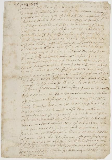 Anne de PISSELEU, duchesse d’ÉTAMPES (1508-1576) la favorite de François Ier Note autographe, 26 mai 1548 ; 1 page in-fol (rousseurs et légères restaurations)
   Très rare autographe faisant allusion à sa résidence forcée depuis la mort de François Ier
   Anne de Pisseleu a copié le texte d’une déclaration de son frère Antoine de Pisseleu, seigneur de Heilly, au sujet d’une maladie dont elle avait été atteinte Il représente que sa sœur la duchesse d’Étampes a souffert d’une double fièvre tierce et qu’elle a besoin de changer d’air pour se remettre, le lieu où elle se trouve étant trop « aquatic » Antoine de Pisseleu s’engage à la ramener céans [au château de La Hardoynes ?] ou à Moncontour après son rétablissement…
