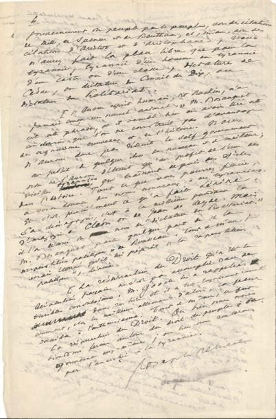 Joseph Reinach (1856-1921) homme politique et journaliste Manuscrit autographe signé, De Rousseau à Lénine, [1920 ?] ; 4 pages in-fol
   Réflexions sur la démocratie « Le hasard réunit sur ma table une étude historique, certainement l’une des plus vivantes, des plus documentées et des plus précieuses qui aient paru depuis longtemps – Germany and the French Revolution, la dernière œuvre de M Gooch [] – et une étude de critique politique et sociale, pleine d’idées, de rapprochement curieux, aussi suggestive qu’on peut le souhaiter – Philosophical Theory of the State, par M Bernard Bosanguet » Reinach signale le très remarquable chapitre de Bosanguet consacré au « Paradoxe du self government », mais conteste sa vision du gouvernement du peuple par le peuple, tel que pratiqué en France et en Angleterre, comme « un fantôme dépourvu de sens » Bosanguet, par là, donne raison à Lénine contre Rousseau « Car Lénine, en effet, ne dit pas autre chose et tout le bolchevisme, dont la première expérience, qui devrait suffire, a conduit la Russie au pire désastre de toute son histoire, repose sur cette même idée que le self government et le general will ne sont que de vaines et pernicieuses combinaisons de fantômes hostiles [] Ou bien nous nous tiendrons ferme autour du droit des peuples à gouverner eux-mêmes ; ou bien nous roulerons par l’anarchie à la tyrannie »
