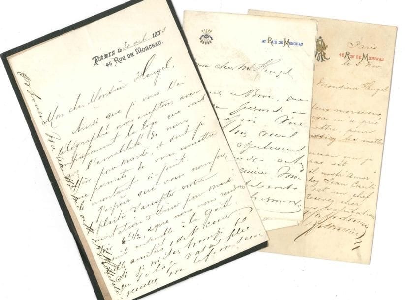 Famille de Rothschild 60 lettres ou cartes, fin XIXe siècle, la plupart aux éditeurs musicaux Jacques-Léopold ou Henri Heugel
   La plupart émanent du baron et de la baronne Adolphe de Rothschild : représentations et loges à l’Opéra, l’Opéra-Comique et au Théâtre Italien, envois de musiques et d’autographes, achat d’un piano, invitations, etc Plus quelques lettres du baron et de la baronne Alphonse, du baron Nathaniel, de la baronne Willy, etc
