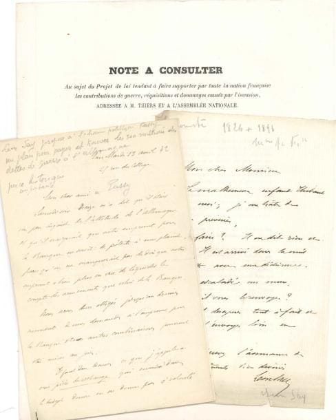 Léon SAY (1826-1896) homme politique et économiste 9 LAS et 1 LS, 1872-1888 et sd, la plupart à son ami Louis Passy ; 16 pages et quart formats divers, qqs en-têtes
   Longue lettre du 13 avril [1875], à propos des indemnités à payer à l’Allemagne : le ministre des Affaires étrangères Decazes est inquiet de « l’attitude de l’Allemagne » à l’égard du projet d’emprunt « Il faut donc trouver ce que j’appellerai une pièce de rechange » : deux dotations réunies, « 100 000 000 à prendre dans un coin », etc ; « comme dans toutes les affaires, il suffit d’avoir le bout de corde »… Il entretient Passy de modifications à apporter à une lettre à Decazes, lui demande de répondre à sa demande de rester sous-secrétaire d’État, et de prendre près de lui son ancien secrétaire Foyat, indique la « formule » gouvernementale de la défense des traités de commerce… Il avise le ministre de la Marine et des Colonies [Krantz] d’une réunion de la commission des finances au sujet du budget de son département… Il n’a rien reçu de Baudrillard, et demande à un cher maître s’il a lu « la discussion anglaise sur la crise et la banque »… Il prévient de l’arrivée du « malheureux enfant Thibaut », arrivé dans la nuit après avoir escaladé un mur…
   On joint une LAS de son père Horace Say à loui Passy, 15 janvier 1851, et une de Louis Wolowski comme représentant de la Seine ; plus 2 documents
