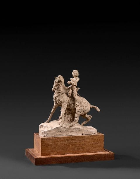 Jean Ary Bitter (1883-1973)
Louis XII enfant
Groupe en terre cuite
Signé « Bitter » sur la terrasse à l’arrière et titré « Louis XII enfant » sur la face
H : 25 x L : 22 et socle en bois clair H : 10 x L : 31 cm
Petits accidents et restaurations