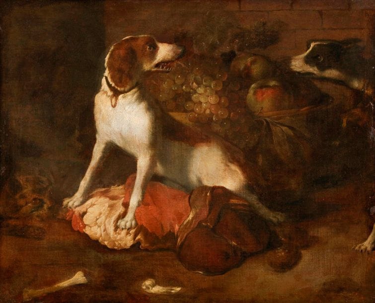 École flamande du XVIIe siècle, 
suiveur de Frans SNYDERS 
Deux chiens gardant une pièce de viande
Toile
59 x 74 cm
Trace de signature en bas à droite 
Restaurations anciennes