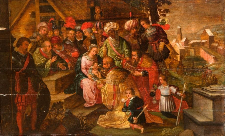 École FLAMANDE du XVIIe siècle,
suiveur de Frans FRANCKEN II
L’adoration des Mages
Panneau de chêne, quatre planches, renforcé 
64 x 106 cm
Restaurations manques et fentes