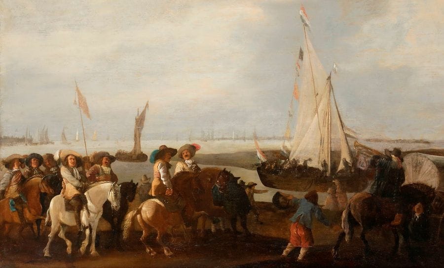 Attribué à Hendrick de MEIJER 
(1620 - 1683)
Cavaliers au bord de l’eau
Panneau de chêne, parqueté 
51 x 79 cm
Restaurations anciennes