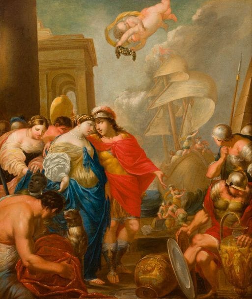 Attribué à Charles POERSON
(1609-1667)
Pâris et Hélène
Toile
134 x110 cm
Restaurations anciennes