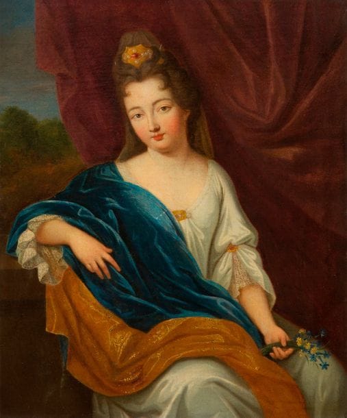 École française du XVIIIe siècle, entourage de Jean François de TROY
Portrait de dame dit de la duchesse du Maine
Toile
56 x 46 cm
Petites restaurations anciennes 
Dans un cadre en chêne sculpté et redoré
