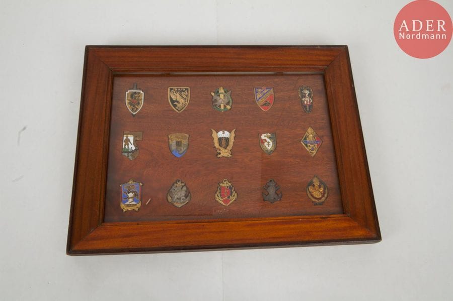 FRANCE - GUERRE D’INDOCHINE 
Ensemble de 15 insignes, guerre d’Indochine dont paras indochinois, 8e BPC, 3e TDND, TD 18, RLE, CCZS, 9e TIEU DOAN THU. Présentés sous verre, sur fond en bois. (Non démontés)
