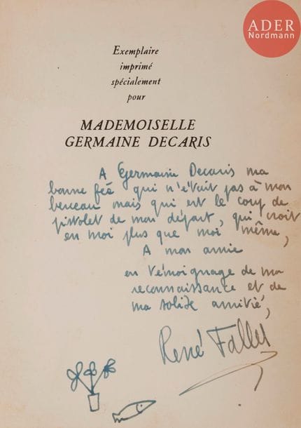FALLET (René).
Banlieue Sud-Est. Roman.
Paris : Domat, [1947]. — In-12, 382 pp., (1 f.), couverture imprimée. Broché.
Édition originale très rare du premier roman de René Fallet (1927-1983) qui l’écrivit alors qu’il n’avait que 19 ans.
Exemplaire de presse, spécialement imprimé pour la journaliste Germaine Decaris (1899-1955), enrichi de ce très bel envoi autographe de l’auteur : 
A Germaine Decaris ma bonne fée qui n’était pas à mon berceau mais qui est le coup de pistolet de mon départ, 
qui croit en moi plus que moi même, A mon amie en témoignage de ma reconnaissance et de ma solide amitié, René Fallet
Ce dernier a ajouté deux petits dessins représentant un poisson et un vase de fleurs.
Exemplaire bien conservé malgré les couvertures légèrement salies et la charnière du premier plat en partie déchirée.