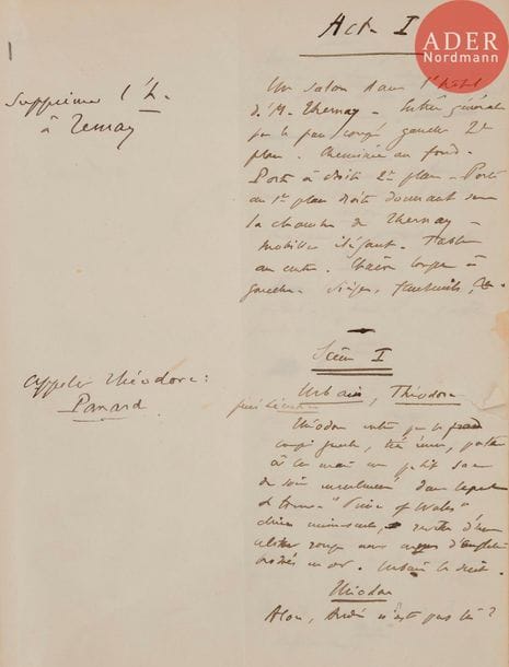 GAVAULT (Paul).
Mademoiselle Josette ma femme.
S.l., [1905]. — Manuscrit in-8, 200 x 170. Demi-chagrin brun à coins, dos à nerfs, non rogné (reliure de l’époque).
Manuscrit autographe complet de cette comédie en 4 actes de Paul Gavault (1866-1951) représentée pour la première fois le 16 décembre 1906 au Théâtre du Gymnase à Paris. 
Il se compose de 211 pages réparties sur 209 feuillets montés sur onglets, et comporte de nombreuses ratures et corrections autographes. Le texte est écrit sur une colonne à droite sur le feuillet, les corrections et ajouts étant inscrits pour la plupart sur la colonne en regard.
On présente cette pièce comme co-écrite avec Robert Chavray mais dans une note de 2 pages signée et datée d’octobre 1907, que l’auteur a fait placer en tête du manuscrit, ce dernier donne ces quelques précisions : « J’ai écrit les deux premiers actes de Mlle Josette ma femme en présence de Chavray mais non avec lui, ainsi qu’il l’a écrit dans l’Illustration, au Lavandou (?) en mai 1905. Je suis rentré à Paris où j’ai écrit le 3 et le 4, dont il a eu connaissance après que je les avais lus à Franck [Alphonse Franck, directeur du Gymnase de 1899 à 1919] et à Samuel [certainement Fernand Samuel (1862-1914), directeur du théâtre de Variétés de 1892 à 1914], qui d’ailleurs ont tous deux refusé la pièce. Elle a été jouée par hasard à la suite des incidents du Voleur et parce que Bernstein, qui sur le dire de Franck la croyait mauvaise, voulait donner le temps à Mlle Le Bargy [créatrice du rôle de Marie-Louise Voysin dans la pièce de Berstein] de se remettre. On pensait que la pièce ferait 30 représentations. Après l’effet de la lecture, lequel fut très considérable — Bernstein prit peur et traîta avec Guitry. Mlle Josette ma femme a été joué 318 fois de suite (…) et se classe, comme recette, derrière le Maître de Forges [comédie en 4 actes de Georges Ohnet représentée pour la première fois le 15 décembre 1883] et en tête de tous les succès du Gymnase dep