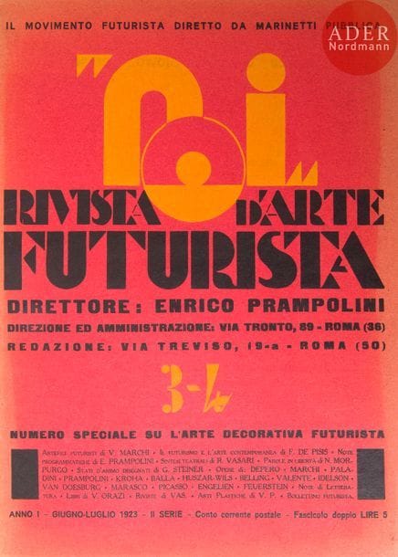 [REVUE].
Noi. Rivista d’Arte Futurista. Direttore Enrico Prampolini.
Rome, 1923-1925. — 10 numéros en 4 fascicules in-4, 346 x 245. Agrafés, couvertures imprimées.
Ensemble des numéros 3 / 4 et 5 de 1923, 6 / 7 / 8 / 9 de 1924 et 10 / 11 / 12 de 1925 de la seconde série de la revue futuriste italienne Noi publiée par le mouvement futuriste dirigé par Marinetti.
Collaboration de Marinetti, Vittorio Orazi, Gino Gori, Antonio Angermayer, Herwart Walden, Enrico Prampolini, etc. pour les textes et de Marchi, Marasco, Picasso, Léger, Survage, Marcoussis, Kiesler, etc. pour les illustrations.
Le numéro triple 10 / 11 / 12, entièrement en français, est consacré aux peintres futuristes Balla, Depero et Prampolini participant à l’exposition internationale des arts décoratifs au Grand Palais à Paris.
Exemplaires bien conservés dans l’ensemble malgré des traces d’insolation à 3 des 4 fascicules. Les deux plats de couverture du dernier fascicule sont désolidarisés et on note une découpure dans la marge inférieure du premier feuillet du même fascicule, sans atteinte au texte. 