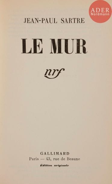SARTRE (Jean-Paul).
Le Mur.
Paris : Gallimard, 1939. — In-8, 190 x 116 : 220 pp., (2 ff.), couverture imprimée. Broché.
Édition originale.
Un des 70 exemplaires sur alfa des papeteries Lafuma-Navarre (n° 65), second papier après 40 sur vélin pur fil.
Exemplaire très bien conservé malgré le dos légèrement éclairci.
