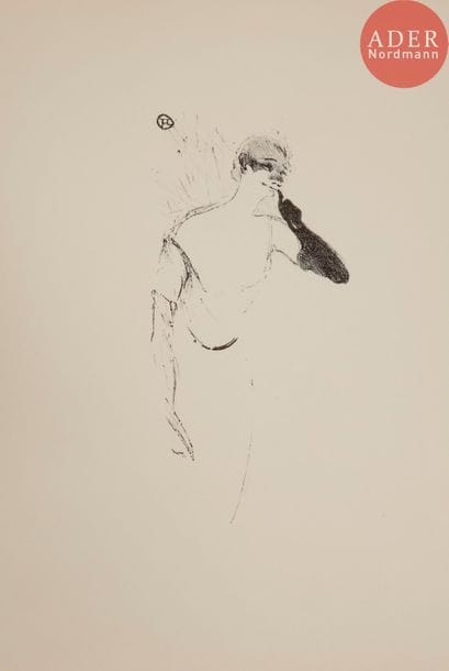 TOULOUSE-LAUTREC (Henri de).
Yvette Guilbert vue par Toulouse-Lautrec. Texte de Claude Roger-Marx.
Paris : Au pont des arts, [1950]. — In-4, 381 x 280. En feuilles, couverture illustrée rempliée.
Album tiré à 1731 exemplaires, comprenant les 31 estampes consacrées par Toulouse-Lautrec à Yvette Guilbert, dont 3 en couleurs et 28 en noir, exécutées d’après les lithographies originales avant-lettre provenant de l’atelier de l’artiste. Chaque exemplaire comporte également une épreuve en noir intitulée Colombine à Pierrot, tirée sur la pierre originale de Toulouse-Lautrec par Lucien Dutuit.
La première planche est répétée en première de couverture et la 31e est reproduite en quatrième de couverture.
Exemplaire très bien conservé, enrichi du prospectus de parution.