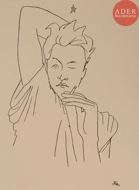 COCTEAU (Jean).
25 dessins d’un Dormeur.
Lausanne : H.-L. Mermod, [1929]. — In-4, 275 x 209 : (32 ff. 2 premiers et dernier blancs), couverture muette avec étiquette de titre collé. En feuilles, couverture rempliée, étui.
Édition originale très rare de ce recueil de 25 dessins de Jean COCTEAU (1889-1963) reproduits à pleine page, représentant des portraits de Jean Desbordes, véritable hommage à son amant. « Ces dessins ne sont pas exactement des portraits de Jean Desbordes mais plutôt de l’amitié que je lui porte et d’une admiration respectueuse » (préface).
Tirage mentionné à 213 exemplaires ; celui-ci est un exemplaire d’auteur sur vieux japon, justifié par l’éditeur mais non mentionné dans la justification qui n’indique sur ce papier que 3 exemplaires marqués A, B, C.
L’exemplaire est enrichi d’une intéressante lettre autographe de Jean Cocteau, avec son enveloppe, adressée à l’éditeur du livre Mermod, une page in-4, datée semble-t-il, d’après le cachet sur l’enveloppe, du 4 octobre 1929 : « Vous annoncez 25 dessins - J’ai peur que ce choix sur 45 ôte à l’ouvrage son intérêt de bloc, de tour de force, etc… Il faudrait au moins en mettre 30 ou 35. »
On joint également un feuillet publicitaire des éditions Mermod annonçant notamment cet ouvrage à paraître en décembre.
Exemplaire parfaitement conservé.