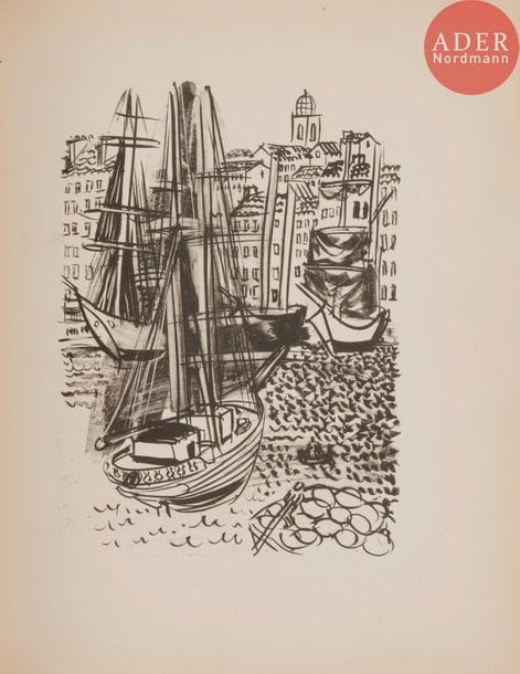 [DUFY (Raoul)] - APOLLINAIRE (Guillaume).
Le Poète assassiné.
Paris : Au Sans pareil, 1926. — In-4, 282 x 223 : (2 ff.), 147 pp., (1 f.), 18 planches, couverture imprimée. Demi-maroquin rouge à coins, dos à nerfs orné de motifs dorés et mosaïqués de maroquin noir et marron dans le style art déco, tête dorée, non rogné, couverture conservée (René Kieffer).
Édition publiée à l’occasion du 8e anniversaire de la mort de Guillaume Apollinaire, formant le 3e volume de la « Grande collection ». Elle est illustrée de 36 lithographies originales de Raoul DUFY (1877-1953), dont 18 bandeaux et 18 hors-textes.
Tirage à 470 exemplaires. Un des 380 sur vélin Montgolfier d’Annonay, très bien relié par René Kieffer dans le plus pure style art déco. Les plats de la chemise d’origine illustrée d’une composition en rouge de Dufy, n’ont pas été conservés, comme c’est presque toujours le cas dans les exemplaires reliés à l’époque.
Un coin émoussé et quelques minimes frottements d’usage. 