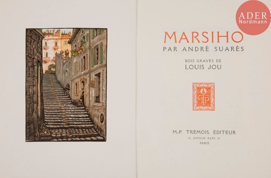 [JOU (Louis)] - SUARÈS (André).
Marsiho.
Paris : M.-P. Trémois, [1931]. — In-8, 271 x 212 : frontispice, 169 pp., (4 ff. dernier blanc), 5 planches, couverture illustrée. Broché, couverture rempliée, chemise et étui d’édition.
Édition tirée à 305 exemplaires, illustrée de 61 compositions en couleurs, dont 6 hors texte, gravées sur bois par le peintre, graveur et lithographe Louis JOU (1881-1968).
Un des 245 exemplaires sur papier vélin d’Arches enrichis d’une suite en noir des bois originaux sur le même papier.
Chemise abîmée.