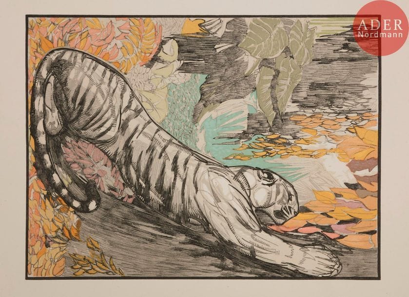 [JOUVE (Paul)] - LOTI (Pierre).
Un pèlerin d’Angkor.
Paris : Paul Jouve, François-Louis Schmied, 1930. — In-4, 331 x 255 : (8 ff. 2 premiers blancs), 142 pp., (7 ff. 3 derniers blancs), 10 planches, couverture illustrée. En feuilles, couverture rempliée, chemise et étui de l’éditeur.
Superbe édition illustrée de 62 compositions de Paul JOUVE (1878-1973) gravées sur bois en couleurs par François-Louis Schmied qui a également assuré l’impression. On compte 13 lettrines, 13 ornements, 13 bandeaux, 11 culs-de-lampe, 10 planches et 2 compositions sur double page.
Tirage à 225 exemplaires sur vélin de Lana signés par Schmied et Jouve ; un des 200 numérotés en chiffres arabes (n° 69).
Exemplaire enrichi du prospectus de parution qui a déteint à l’intérieur des deux premiers feuillets blancs où il a été placé.