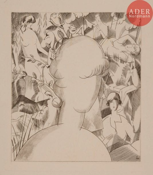 [LABOUREUR (Jean-Émile)] - GOURMONT (Remy de).
Le Songe d’une femme. Roman familier.
Paris : Camille Bloch, 1925. — In-8, 250 x 176 : 216 pp., (5 ff. dernier blanc), couverture imprimée. Broché, couverture rempliée, étui.
Sylvain Laboureur, Catalogue complet de l’œuvre de Jean-Émile Laboureur, II, pp. 66 à 72, n° 307.
Édition illustrée de 28 eaux-fortes originales de Jean-Émile LABOUREUR (1877-1943), dont une en frontispice, une sur le titre, 25 dans le texte et une à pleine page à la fin de l’ouvrage. L’une des meilleures illustrations de l’artiste.
Tirage à 460 exemplaires sur papier vélin d’Arches à la forme ; un des 385 numérotés en chiffres arabes. On trouve à la fin une seconde épreuve du titre.
Dos éclairci. Coupure de journal sur Laboureur jointe, qui a déchargé sur les deux premiers feuillets blancs.

On joint, illustré par Laboureur :
- COLETTE. L’Envers du Music-hall. Paris : Au sans pareil, 1926. — In-4, 250 x 190 : frontispice, (2 ff.), 170 pp., (3 ff. 2 derniers blancs), 5 planches, couverture imprimée. Broché, couverture rempliée, chemise cartonnée illustrée de l’éditeur.
Sylvain Laboureur, Catalogue complet de l’œuvre de Jean-Émile Laboureur, II, pp. 73 à 79, n° 312.
Édition illustrée de 32 compositions au burin de Jean-Émile LABOUREUR (1877-1943), dont une en frontispice, 5 hors texte et 26 dans le texte.
Tirage à 440 exemplaires ; un des 350 numérotés sur vergé de Rives.
Exemplaire très bien conservé malgré de légers défauts d’usage à la chemise cartonnée.
