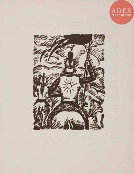 [LA FRESNAYE (Roger de)] - CLAUDEL (Paul).
Tête d’Or.
Paris : Louis Broder, [1950]. — In-4, 326 x 250 : 144 pp., (4 ff. 2 derniers blancs), couverture illustrée. En feuilles, couverture rempliée, chemise et étui de l’éditeur.
Édition tirée à 250 exemplaires sur vélin pur chiffon de Hollande, illustrée de 12 bois dessinés par Roger de LA FRESNAYE (1885-1925) et exécutés par Blaise Monod, dont 2 à pleine page et 10 dans le texte.
Un des 205 exemplaires numérotés de 16 à 220, très bien conservé malgré quelques défauts à la chemise et à l’étui. Il est enrichi du prospectus de parution contenant un texte de présentation de Jacques Madaule.