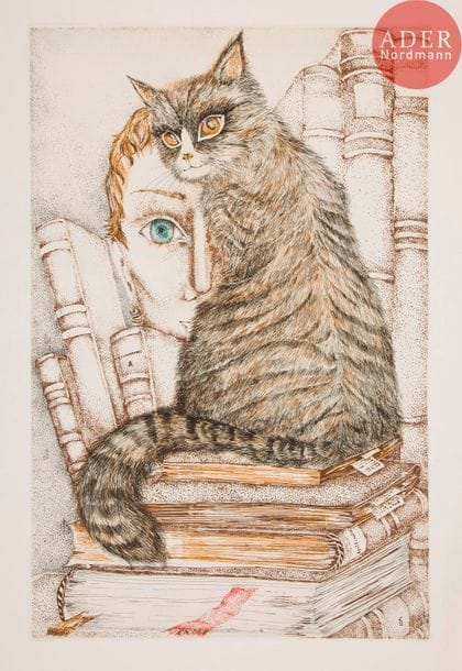 [SASSINOT DE NESLE (Yvonne)] - APOLLINAIRE (Guillaume).
Le Bestiaire ou cortège d’Orphée.
[Rouen] : Société Normande des Amis du Livre, 1983. — In-folio, 450 x 315 : (48 ff. 4 premiers et 3 derniers blancs), couverture imprimée. En feuilles, couverture rempliée, chemise et étui d’édition.
Édition réalisée par les soins de Frédéric Robert et Maxime Denesle, illustrée de 14 eaux-fortes originales en couleurs d’Yvonne SASSINOT DE NESLE (née en 1937).
Il s’agit du premier des deux ouvrages que la célèbre costumière de cinéma et de théâtre illustra, le second, intitulé L’Abbé Lemire, un itinéraire audacieux, parut en 2008.
Tirage limité à 115 exemplaires sur vélin d’Arches numérotés et signés par l’artiste, celui-ci étant l’un des 100 réservés aux sociétaires, spécialement imprimé pour Jean Noël.
Il est enrichi de l’une des 15 suites des illustrations sur japon nacré numérotées et signées par Sassinot, d’un grand dessin original signé de l’artiste accompagné d’un quatrain autographe, et du menu donné par la « Société normande des amis du livre » le samedi 8 octobre 1983 pour la sortie du livre, illustré d’une très belle eau-forte signée de l’artiste.
Exemplaire parfaitement conservé malgré une discrète tache d’humidité au dos de la chemise.