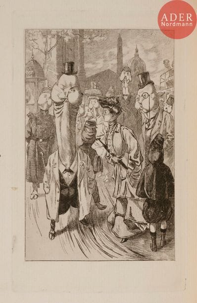 [HARAUCOURT (Edmond)].
La Légende des sexes. Poëmes Hystériques.
Bruxelles : pour l’auteur, 1882 [1883]. — In-8, 220 x 138 : 147 pp., (1 f.), couverture imprimée. Demi-veau cerise à coins, dos à nerfs orné de fleurs mosaïquées de maroquin vert, marron et beige, tête dorée, non rogné, couverture et dos conservés, chemise à dos de veau marbré à coins et étui (reliure vers 1930, chemise et étui postérieurs).
Édition parue l’année de l’originale, non décrite par Dutel, de ce recueil de poèmes érotiques d’Edmond Haraucourt (1856-1941), parodie hugolienne publiée sous le couvert du Sire de Chambley.
Cette édition tirée à 200 exemplaires sur papier vergé non mis dans le commerce, est probablement une contrefaçon. Même si elle porte bien l’achevé d’imprimer du 15 avril 1883, elle ne comporte pas à la justification la mention des 12 exemplaires sur japon ni le paraphe de l’auteur.
Très bel exemplaire en reliure mosaïquée réalisée vers 1930, enrichi de la suite des 12 eaux-fortes érotiques que Martin Van Maele (1863-1926) fit pour l’ouvrage en 1921 et, à part, de l’une des 60 suites érotiques sur japon de 12 lithographies originales en couleurs réalisées par Georges Villa. Cette suite a été reliée sous une couverture cartonnée de papier marbré ; elle est enrichie de cette dédicace de l’artiste accompagnée d’un dessin original érotique signée : à mon vieil ami le docteur Ramadier, en souvenir d’un temps de salles de garde et de bals de l’Internat… !! Il voudra bien revoir en ces quelques essais qu’une recherche de lyrisme de la chair, … et pas autre chose.