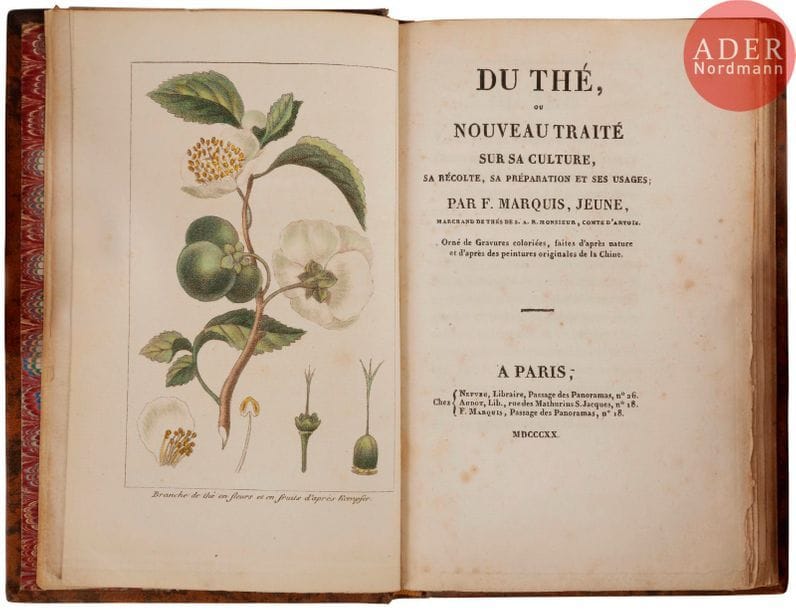 MARQUIS (François).
Du thé, ou nouveau traité sur sa culture, sa récolte, sa préparation et ses usages.
Paris : Nepveu, Audot, F. Marquis, 1820. — In-18, 143 x 93 : frontispice, 124 pp., 9 planches, couverture illustrée. Basane marbrée, roulette dorée en encadrement sur les plats, dos à nerfs orné, tête dorée, non rogné, couverture conservée (L. Quetant).
Cordier, Bibliotheca sinica, I, 501 - Vicaire, Bibliographie gastronomique, 567.
Édition originale de ce très intéressant traité dû à François Marquis, marchand de thés du comte d’Artois, dont la maison de fabrique de chocolat, confiserie et de négoce de thé et café fut fondée à Paris, passage des Panoramas, en 1818.
Cette édition parut sous 2 formats, l’un in-8 et l’autre, comme la nôtre, in-18. Cette dernière est celle que l’on rencontre le plus souvent. Elle est illustrée de 10 belles planches dont 6 sur double page, figurant les plantes et sujets suivants : Branche de thé en fleurs et en fruits d’après Kempfer - Branche de Thé en fleurs d’après Bessa - Fruits et graines de l’arbre à thé d’après Kempfer - Torréfaction et enroulement des feuilles du thé - Fleur et Graine du Tchatchou d’après Deguignes - Bateaux de l’intérieur des terres pour le transport des corbeilles ou barses de thé - Préparation des feuilles de Plomb qui doivent envelopper le thé - Fabrication des Caisses pour contenir les thés à Canton - Foulage des feuilles de thé dans les barses ou corbeilles - Singulière récolte d’un thé très estimé.
Exemplaire avec les figures en couleurs, non rogné,  complet de la rarissime couverture illustrée, ornée sur chacun des plats d’une gravure sur bois représentant divers objets japonais. La couverture est beige, il existe au moins une autre couverture rose illustrée d’autres figures.
Quelques frottements d’usage aux coupes, aux coiffes et aux coins. Petit manque sur le bord du premier plat, touchant le cadre. Rousseurs éparses. 