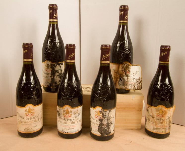 6 B CHATEAUNEUF DU PAPE Rouge (Caisse Bois sale) e.t.a., Domaine du Père Caboche, 2003