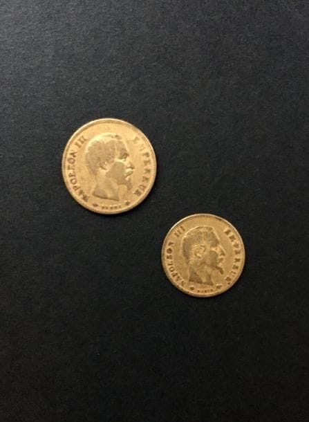 Lot de 2 pièces en or. France. - 1 pièce de 10 Francs en or. 1856 - 1 pièce de 5 Francs en or. 1859

Frais acheteur : 8% HT