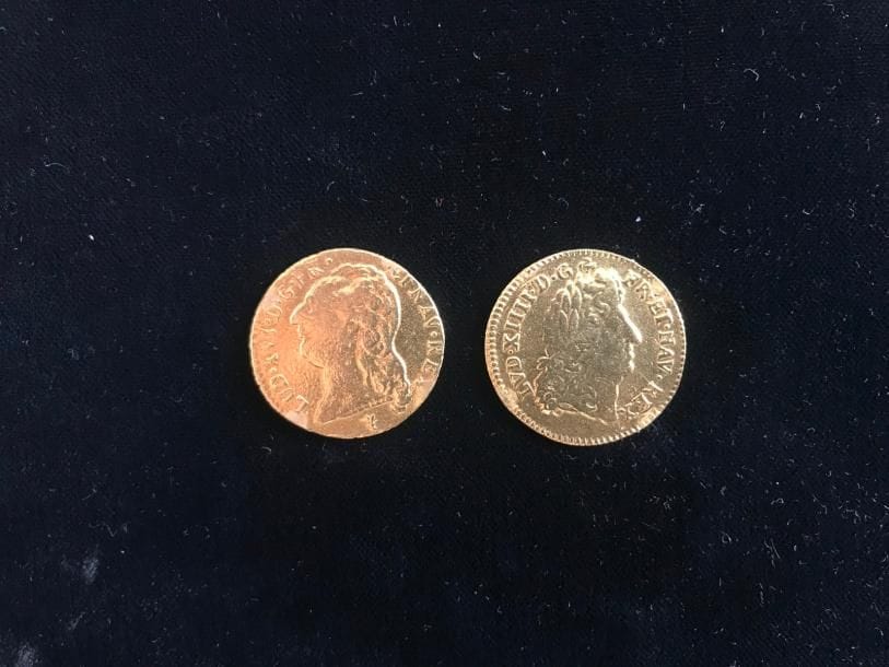Lot de 2 Louis d’Or : - Louis XIV à l’Ecu - 1692 - S Atelier de Troyes - Louis XVI au buste nu - 1788 - I - Atelier de Limoges Poids: 14.25g
(nettoyées et marques de monture)

Frais acheteur : 8% HT