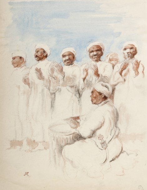 Jules RABANNES (né en 1869)
Cérémonie.Dessin à la sanguine, au fusain et à l'estompe, aquarellé..Signé des initiales en bas à gauche, porte le cachet du monogramme en bas à droite et le cachet de l'atelier au verso..32,5 x 25 cm..Froissé.