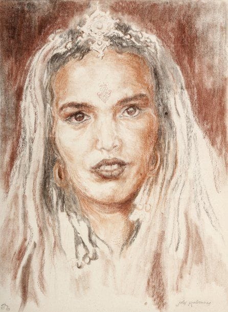 Jules RABANNES (né en 1869)
Portrait de femme aux bijoux.Dessin au fusain, à la sanguine et à l'estompe..Signé en bas à droite, porte le cachet du monogramme en bas à gauche et le cachet de l'atelier au verso..35 x 26 cm.