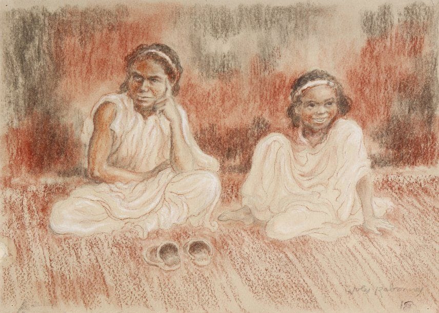 Jules RABANNES (né en 1869)
Jeune femme et fillette assises sur le sol.Dessin à la sanguine, au fusain et à l'estompe avec rehauts de blanc..Signé et porte le cachet du monogramme en bas à droite, porte le cachet de l'atelier en bas à gauche. (manque vers le bas à gauche)..19 x 26,5 cm..On y joint :.Esquisse de musiciennes.Dessin à la sanguine et au fusain, porte le cachet du monogramme en bas à gauche..20 x 30 cm.