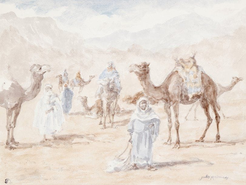 Jules RABANNES (né en 1869)
Haltes de caravanes - Chameau.Trois aquarelles, dont une signée en bas à droite..Portent les cachets, du monogramme en bas et de l'atelier au verso (sauf un)..29,5 x 46 cm - 24 x 31,3 cm - 21,5 x 28,5 cm.