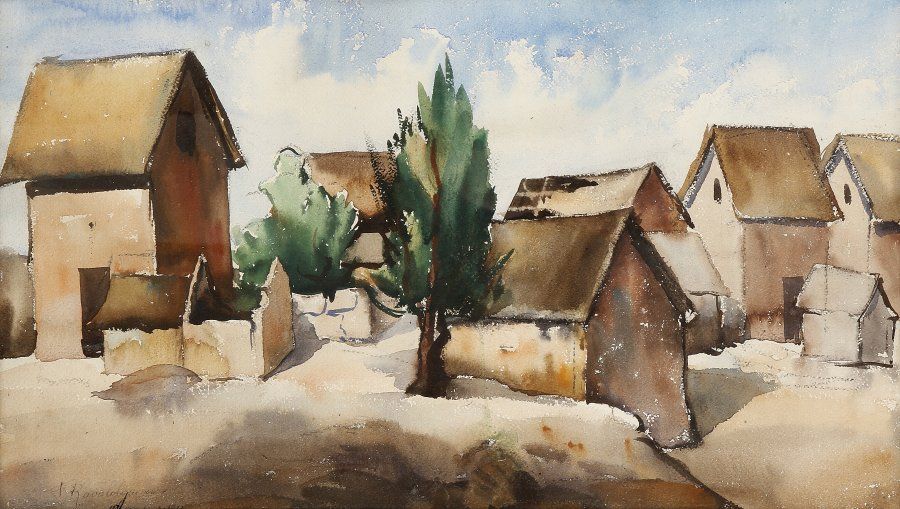 Louis ROLLET (1895-1988)
Tananarive, village malgache.Huile sur toile..Signée en bas à droite..46 x 55 cm..Provenance : Exposition Coloniale Internationale  1931.
