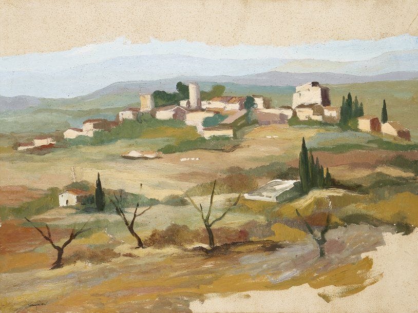 Jean MAYODON (1893-1967)
Habitations près d'un lac de montagne.Huile sur papier marouflé sur isorel..Signée en bas à droite..42 x 65 cm.
