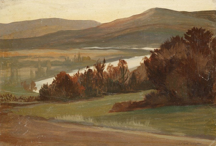 Jean MAYODON (1893-1967)
Paysage montagneux animé d'une rivière, 1955.Huile sur papier marouflé sur isorel..Signée et datée en bas à droite..50 x 80 cm.