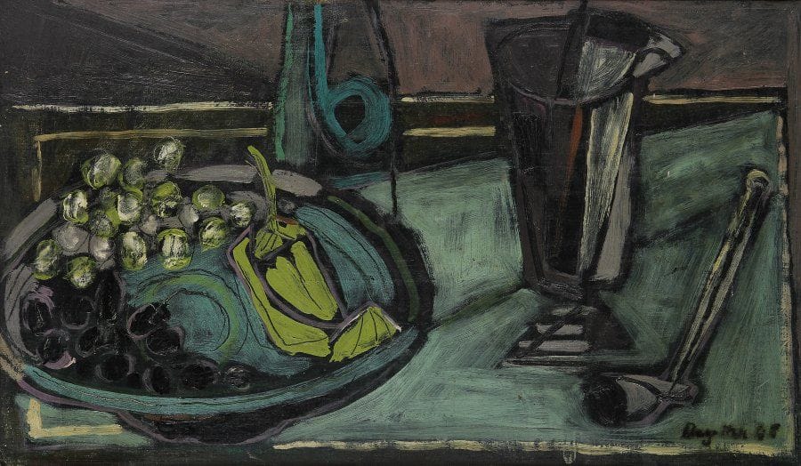 Jean DEGOTTEX (1918-1988)
Nature morte, 1945.Huile sur toile marouflée sur papier..Signée et datée en bas à droite. Contresignée, titrée et datée au dos..27 x 46 cm.