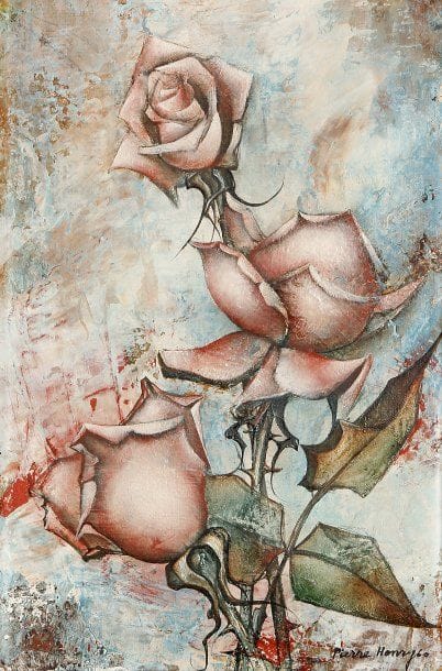 Pierre HENRY (Né en 1924)
Roses, 1960.Huile sur toile..Signée et datée 1960 en bas à droite..24 x 17 cm..Provenance : Succession B