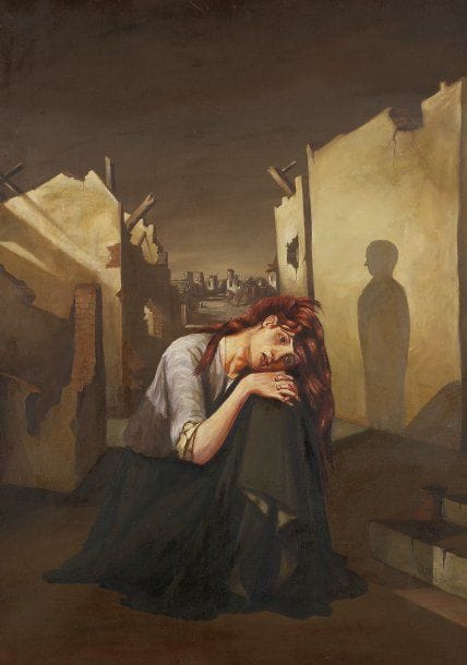 MARKO DURICIC
Le tremblement de terre en Yougoslavie.Huile sur toile..Monogrammée en bas à droite. .79 x 55 cm.