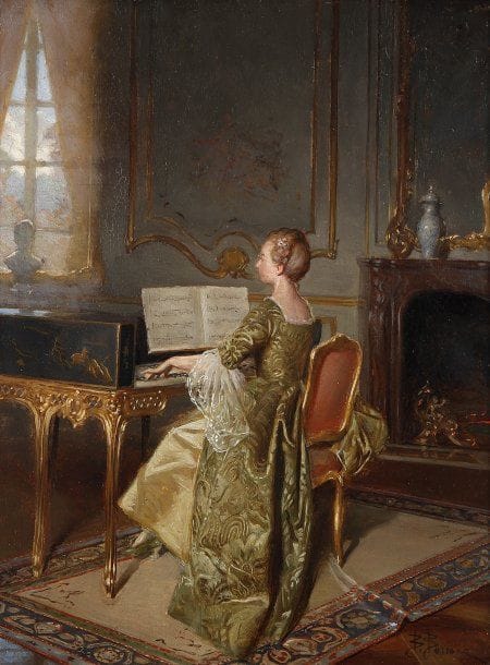 Bernard Louis BORIONE (1865-?)
Femme au clavecin.Huile sur panneau..Signée en bas à droite..34 x 26 cm.
