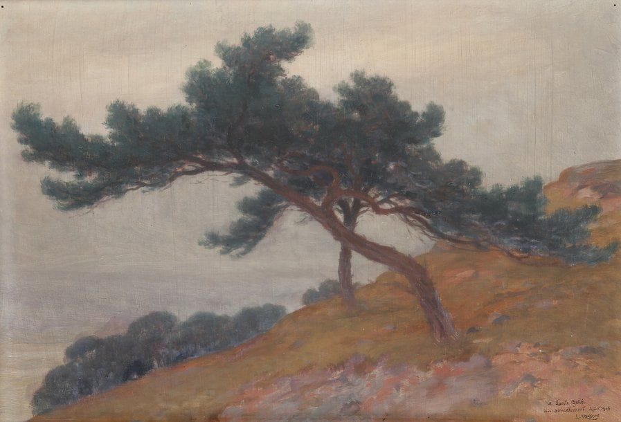 Louis HESTAUX (1858-1919)
Les pins sur la colline, août 1906.Huile sur panneau.Signée en bas à droite, datée et dédicacée «A Lucile Gallé bien amicalement». .31 x 45 cm.